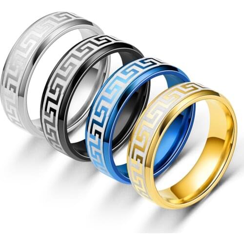 6mm Vintage Laser Great Wall Pattern Stainless Steel Rings for Men Womem Titanium Steel Couple Ring Wedding Jewelry Party Gift