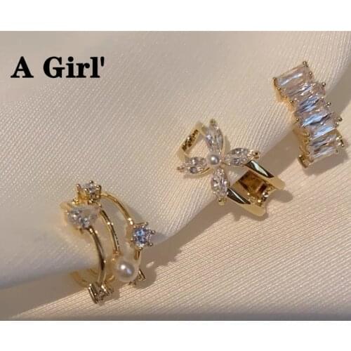 A Girl' Korean Pearl Zircon Flower Clip Earrings For Women Fake Piercing No Hole Earbone Ear Cuff 2021 Trendy Jewelry Gifts