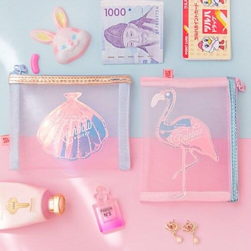 Net yarn flamingo coin purse laser shell wallet girl student earphone storage bag clear purse kawaii Cosmetic Bag