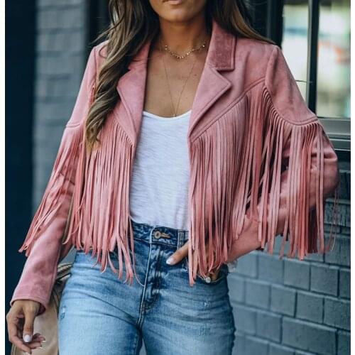2021 Faux Suede Jacket Womens Motorcycle Lapel Handsome Jacket Fall 2020 Ladies Solid Fringed Short Coat Women Jackets