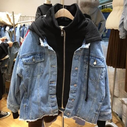 Winter new style Korean fashion denim hooded stitching fake two-piece thick jacket jacket female top trend
