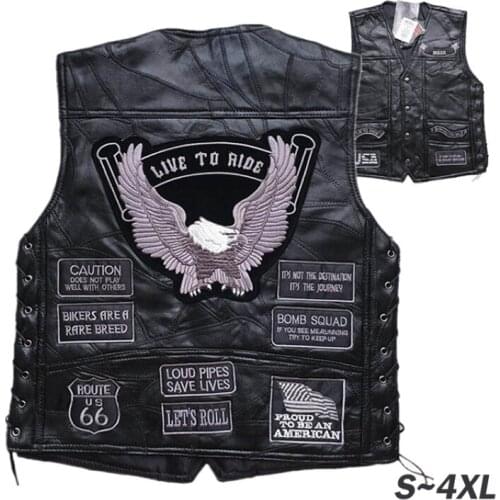 Motorcycle Vest Motor Jacket Mens Stitching Sheepskin Leather Waistcoat with Embroidered Badge Motocross Equipment