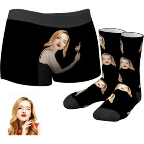 CUSTOM MENS FACE ON BODY BOXER SHORTS AND PHOTO SOCKS SET, Personalize picture valentines day boyfriend boxer shorts socks set