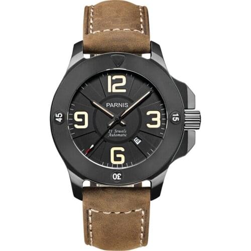 Parnis Commander Seriers Luminous Mens Sapphire Glass Leather Watchband Military Sport Automatic Mechanical Watch Wristwatch