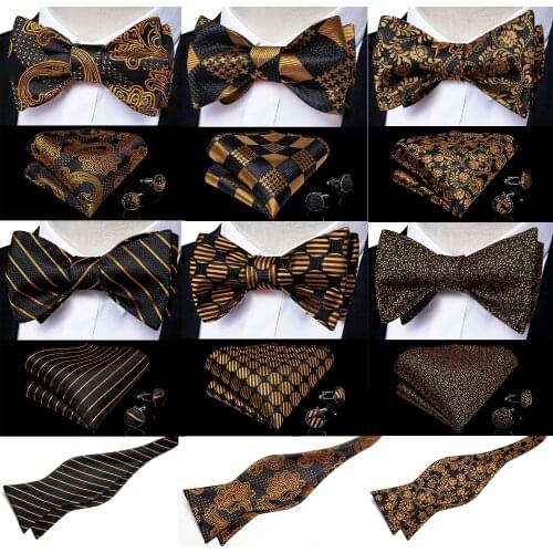 Self Tie Bow Tie Handkerchief Cufflinks Set Fashion Black Gold Mens Silk Butterfly Bowknot Formal Wedding Party Cravat DiBanGu