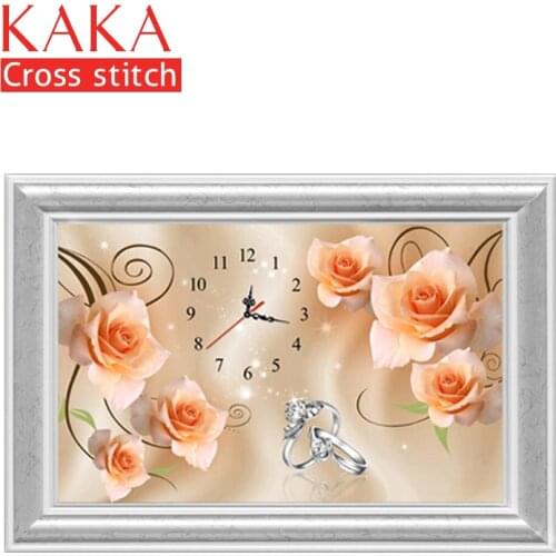 KAKA Cross stitch kits,5D Rose Clock Flowers,Embroidery needlework sets with printed pattern,11CT canvas,Home Decor Painting