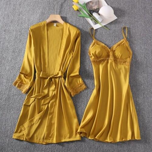 Sexy Lace Robe Gown Sets Womens 2PCS Satin Nighty Bathrobe Nightgown Summer V-Neck Sleepwear Sleep Suit Lounge Home Wear Clothes
