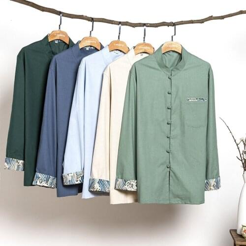 Vestido oriental 4XL Mens Autumn Long Sleeve Kung Fu Shirt Traditional Chinese Cotton Linen Loose Blouse Tops Buddhist Clothes