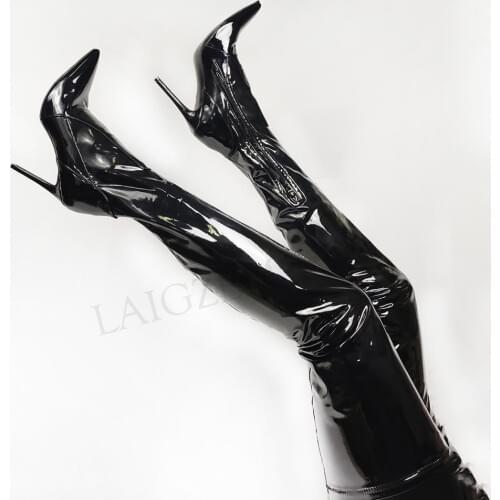 LAIGZEM Women Thigh High Boots Stretchy Latex Stiletto Heels Over Knee Boots Side Zip Ladies Shoes Woman Zapato Size 43 44 46 47