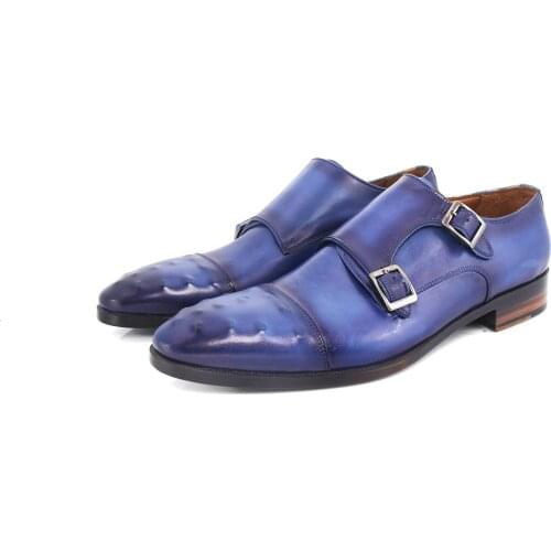 SHENBINs Blue Patina Cap Toe Double Strap Monks, Leather Sole, Shenbins Exclusive Handmade Classic Shoes