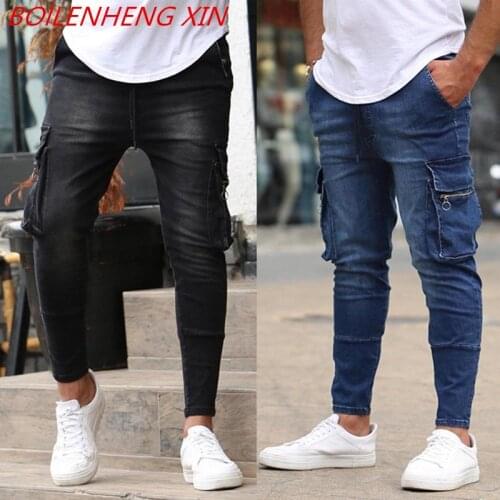 2021 Springtime Mens Slim Fit Jeans Business Overall Denim Trousers Stretch Multiple Pocket Zipper Logo Brand Overalls Denim