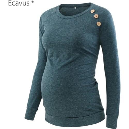 Womens Clothing Maternity Long Sleeve Scoop Neck Top Pregnancy Blouse Maternity Clothes Solid Color Button Side Tunic Casual Top