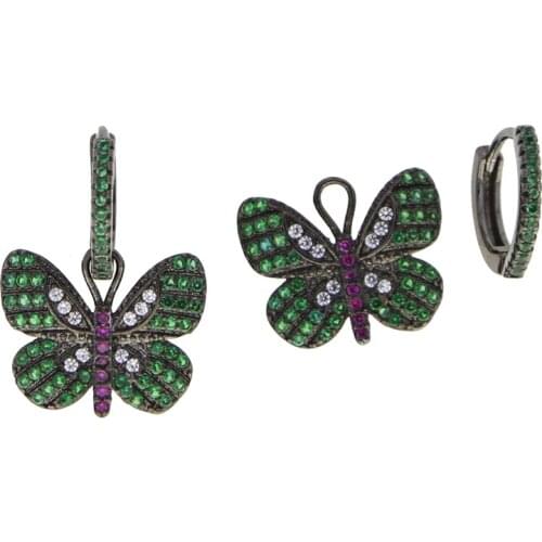 2021 New Design Black Color Women Jewelry Princess cut White Green CZ Butterfly Charm Hoop Earring Cute Animal Girl Jewelry