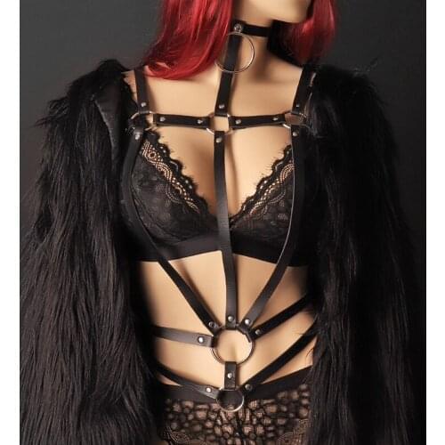 Women Leather Body Harness Crop Top Chest Cage Bra Harajuku BDSM Suspenders Waistband Straps Garter Belts Sexy Corset Lingerie