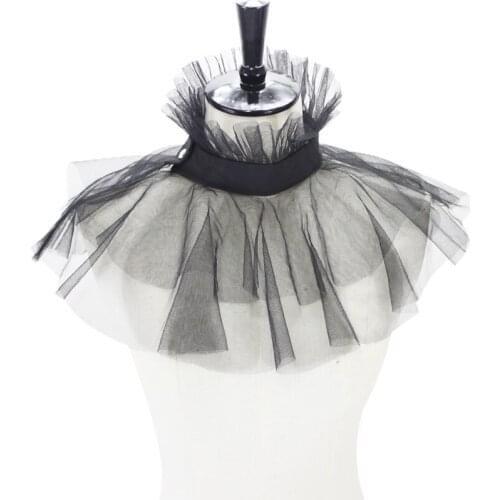 Women Vintage Victorian Mesh Ruffled Fake Stand Collar Layered Tulle Button Closure Neck Ruff Clown Choker Shawl Wrap Props