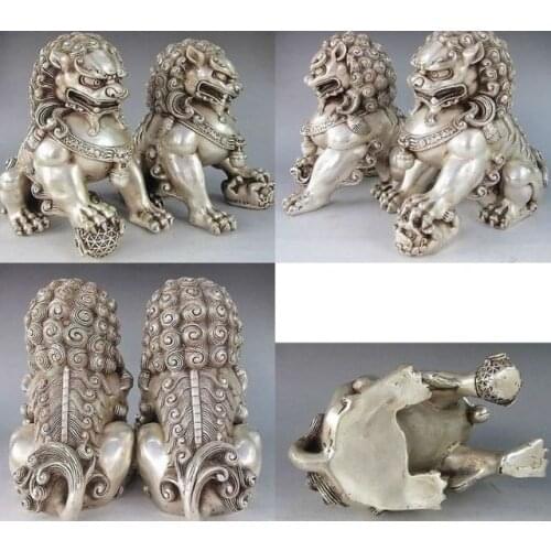 6 " 1PAIR OF RARE CHINESE TIBET SILVER GUARDIAN LION FOO FU DOG STATUE COLLECTIBLE OLD HANDWORK WHITE COPPER SILVER
