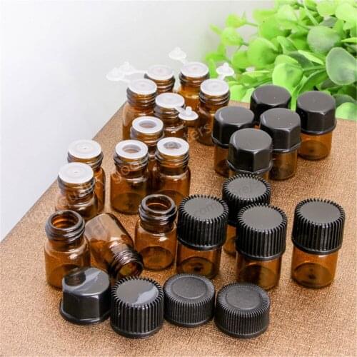 Free Shipping 500pcs 1ML Amber Essential Oil Bottle With Plastic Lid,Small Glass Bottle, Mini Brown Glass Vials,Glass Container