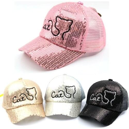 Summer childrens sequined baseball cap baby hat cartoon cat mesh hat boy and girl cartoon children sun hat