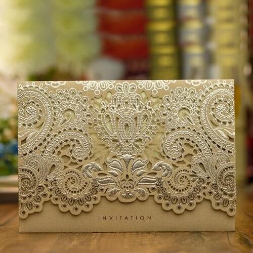 Design Rustic Gold beige Wedding Invitations Laser Cut Invitation Cards With Insert Paper Blank Card Envelope Free Shipping