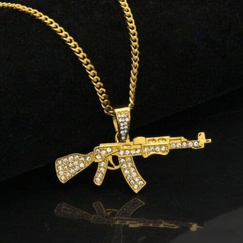New Fashion AK47 Automatic Rifle Rhinestone Necklace Women Men Hip Hop Steampunk Rhinestone Gold Long Chain Necklace