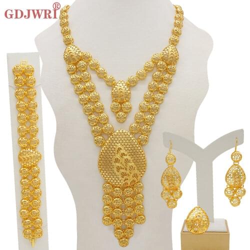 Dubai Women Gold Color Jewelry Sets African Wedding Bridal Ornament Gifts For Saudi Arab Necklace Bracelet Earrings Ring Set