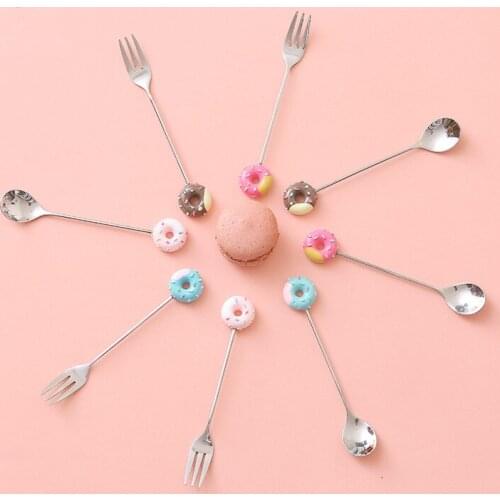 Doughnut Shape Spoon/Fork Cartoon Teaspoon For Cake Coffee Dessert 4Colors Kitchen Gadgets Stainless Steel Multipurpose