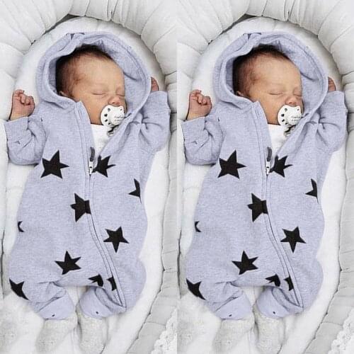 New Newborn Infant Baby Girls Boys Stars Print Hooded Zipper Romper Jumpsuit Outfits Spring Brand New Fashion Newborn Jumpsuits