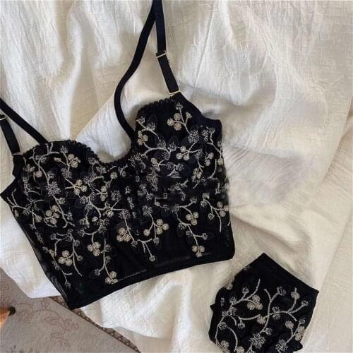 French white floral embroidery romantic thin cup with pad women sexy push up underwear bra sets adjustable lengthen lingerie