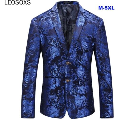 M-5XL Brand Autumn Winter Luxury Blue Stylish Floral Pattern Velvet Blazer Mens Casual Suit Jacket DJ Signers Outfit