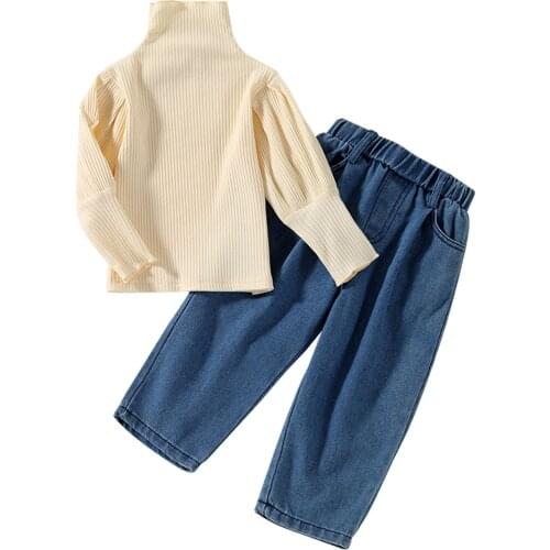 2021 1-6Y Fashion Kids Baby Girl Clothes Set Solid Color Long Sleeve Turtleneck Sweater Pullovers+Denim Wide Leg Pants Fall 2pcs