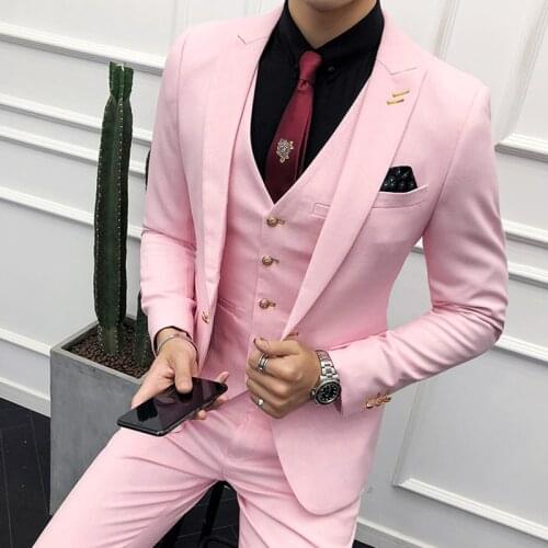 Fashion Handsome Pink Blazer Slim Fit Men Suits Groomsmen Tuxedo For Wedding Business Party Male Clothing (Jacket+Vest+Pants)