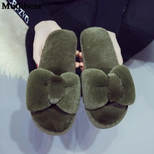 Mudibear Winter Slippers For Women Plush Home Indoor Comfortable Shoes Flat Bottom No-Skid Floor Soft Bottom Plush Cotton Bow