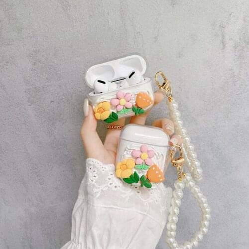 Creamy Flower TPU Soft Clear Earphone Box For apple airpods pro 3 Case for AirPods 2/1 Cover Shell Cute Pearl Bracelet Keychain