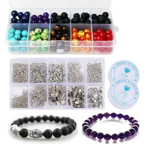 640Pcs DIY Craft Making Finding Tools Kit with 200Pcs 8mm Lava Chakra Beads 2 Roll Crystal String Toys Bracelet Handmake Gifts