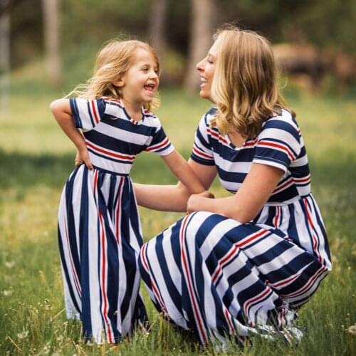 New Mom And Daughter Dress Girl Big Sister Family Look Matching Clothes Mother Kids Short Sleeve Striped Mother Daughter Dresses