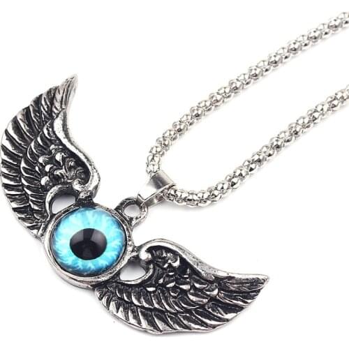 1PC Gothic Punk Angel Wing Evil Eye Necklace For Men Women Vintage Blue Eye Bead Big Pendant Mens Necklace Party Jewelry N251