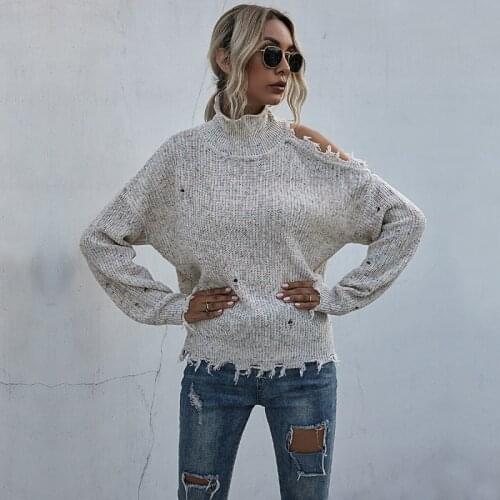 Stretch Women Sweaters Turtleneck Pullovers Soft Off The Shoulder Long Sleeve Hole Knitted Sweater 2020 Autumn Winter Solid