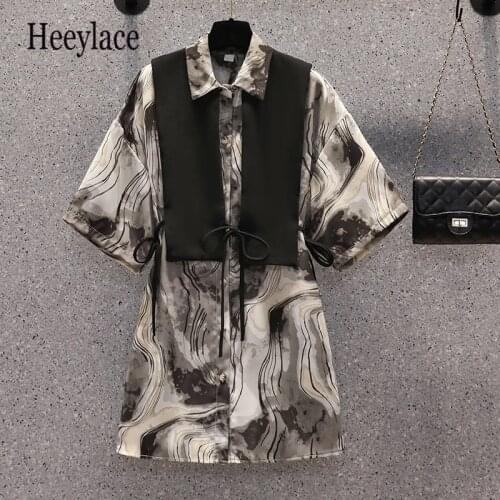 Plus size women streetwear print shirt and sleeveless vest sets women oversized short sleeve blouse and side split bandage suit