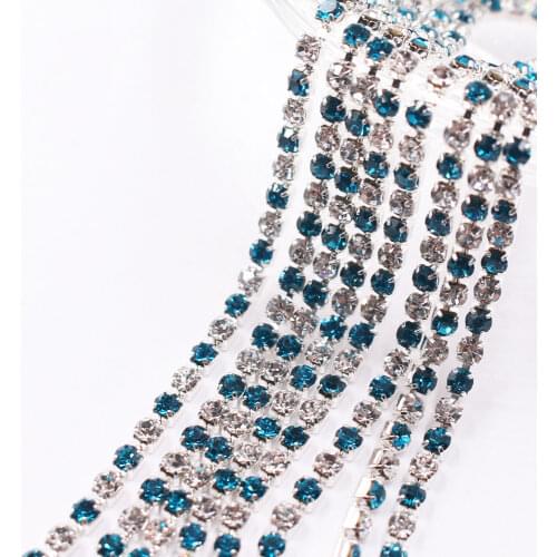 Peacock blue 1M Sewing Crystal Rhinestone Chain SS6SS8 Mix color Silver Base Claw Gule on Rhinestone Trim DIY Beauty Accessories