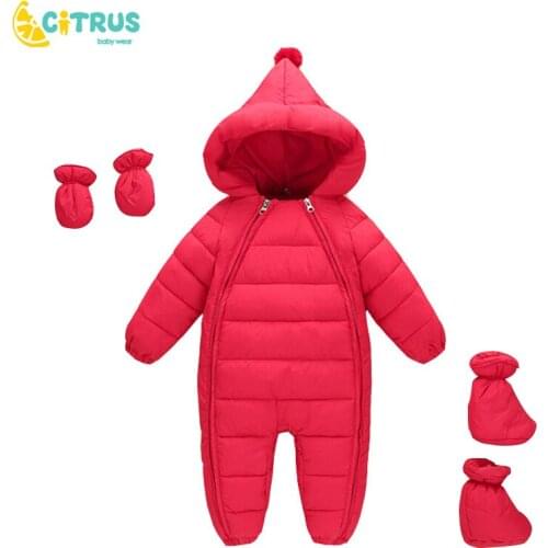 CITRUS Winter Baby Jumpsuit Warm Down Jacket Infants Zipper Anti-Pinch Rompers Clothes With Glove Foot Cover For Kids New Born
