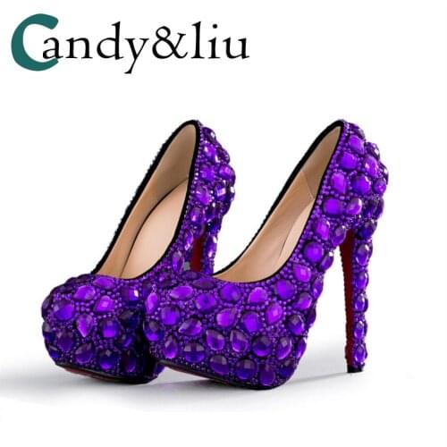 Purple Crystal Wedding Shoes Super High Heel Round Toe with Platform Beaded Women Pumps for Party Banquet Bridesmaid Handmaid