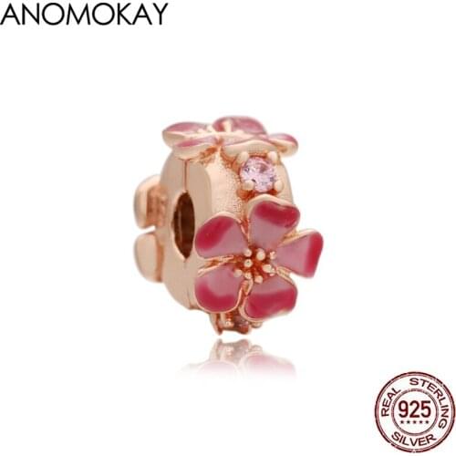 Anomokay Spring Series Romantic Pink & Rose Gold Color Peach Blossom Charm Lockers fit Bracelet Bangle