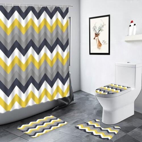 Wave Stripe Shower Curtain White Gray Yellow Fashion Design Bathroom Decor Carpet Anti-slip Rug Toilet Cover Bath Mat Luxury Set