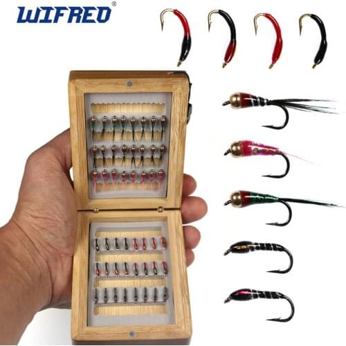 Wifreo 48pcs/box Trout Fly Fishing Assorted Flies Kit Midge Nymph Brass Bead Head Wet Flies Ice Fishing Fly Lure Bait Size #14