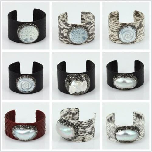 Real snake leather irregular pearl shell pave charm rhinestone big resizable open cuff luxury bracelet elegant bangle women man