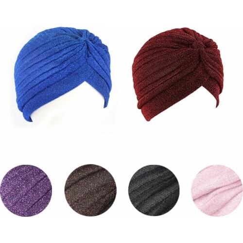 Women Knot Twist Turban Hat Bling Silver Gold Muslim Inner Hijab Caps Casual Streetwear Bright Indian For Lady Head Wraps