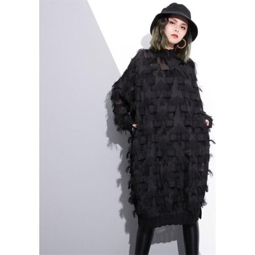 2020 New Autumn Winter Stand Collar Long Sleeve Perspective Black Loose Tassels Big Size Dress Women Fashion Tide