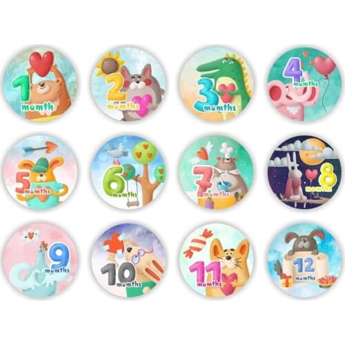 12 Pcs/Set Baby Pregnant Monthly Stickers Cartoon Animal Pattern Memory Recording Milestone Sticker Photography Props