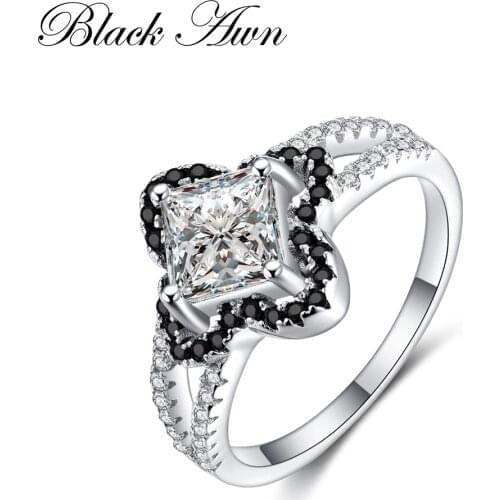 2020 New Fashion Genuine 100% 925 Sterling Silver Four Leaf Flower Black&White Stone Rings for Women Jewelry Ring Bijoux C229