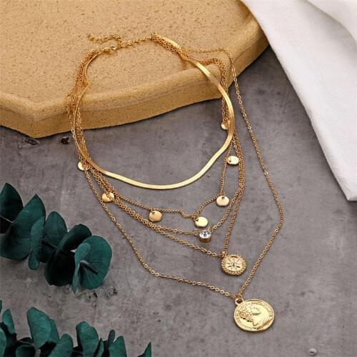 2021 New Boho Gold Color Multi-layered Disc Pendant Necklace For Women Charm Necklace Fashion Party Jewelry Gift